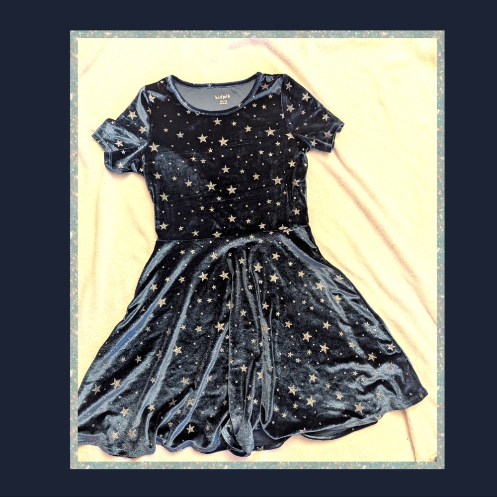 Dark Blue And Sparkly Silver Star Velvet Dress Size 16, Kidpik